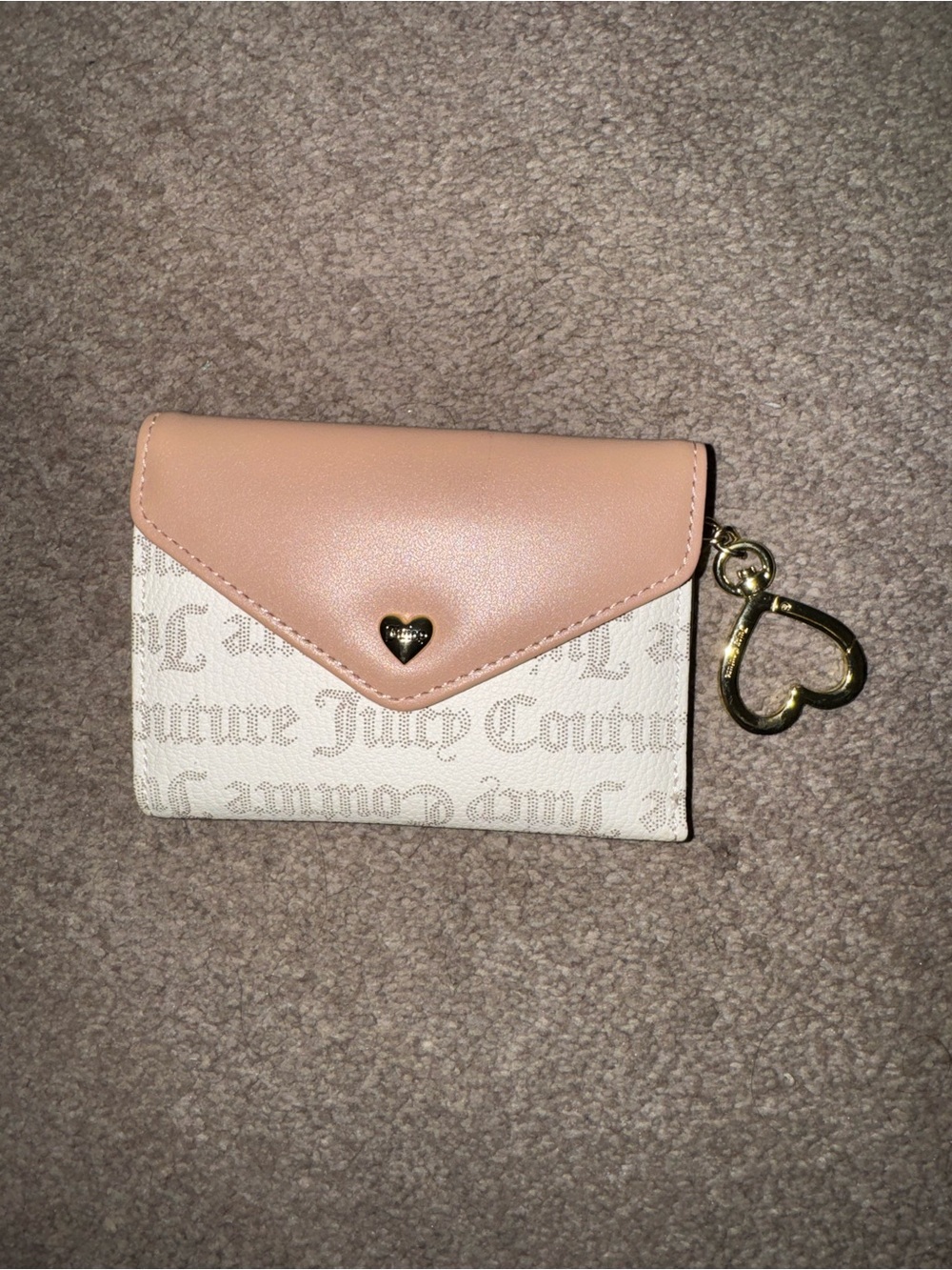 Juicy Couture Cream Monogram Wallet with Pink Flap & Gold Heart Charm